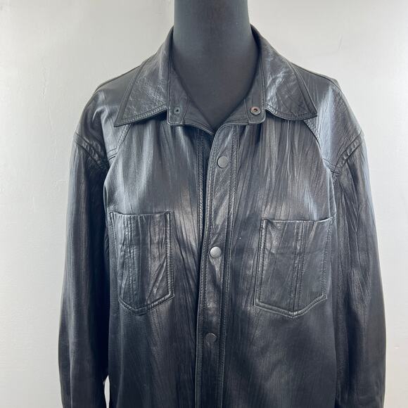 Jhane Barnes Black Western Shirt Jacket Soft Lamb Leather Snap-Button Sz 42 RARE - Picture 6 of 11